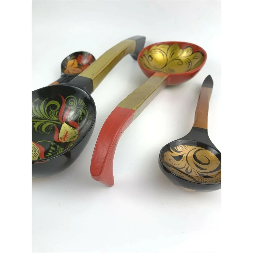 Set of 4 Vintage Khokhloma Painted Wooden Spoons Ladles Decorative Kitchenware